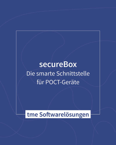Grafik mit Text „secureBox – Die smarte Schnittstelle für POCT-Geräte“ im tme-Design.