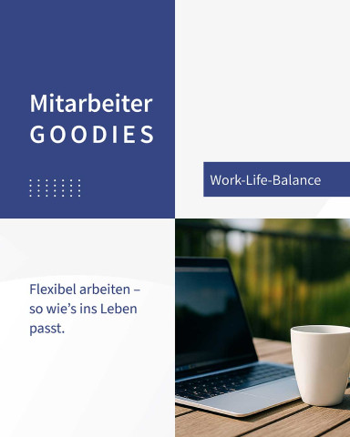 Laptop und Kaffeetasse auf Terrasse – Text: „Flexibel arbeiten – so wie’s ins Leben passt.“