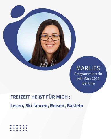 Portrait von Marlies, Programmiererin bei tme, mit Angaben zu ihren Hobbys.