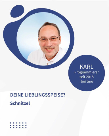 Mitarbeiterporträt von Karl mit Info zu Lieblingsspeise Schnitzel