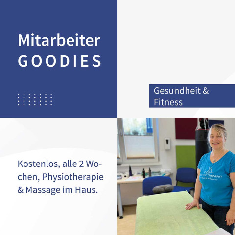 Auf diesem Bild ist eine Massageliege und eine Masseurin zu sehen. Text: Mitarbeiter Goddies: Kostenlos, alle 2 Wochen, Physiotherapie & Massage im Haus.