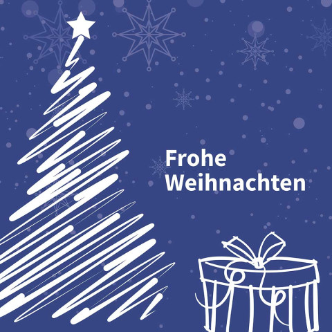 Dunkelblauer Hintergrund mit weißem modernem Christbaum und einem Geschenk. Text: Frohe Weihnachten