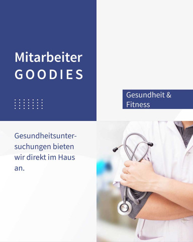 Posting mit einem kleinen Bild im rechten unteren Rand. Auf dem Bild ist ein der Körper eines Mannes vom Hals bis zu den Hüften zu sehen. Er hält ein Stethoskop in der Hand. Text: Gesundheitsuntersuchungen bieten wir direkt im Haus an.