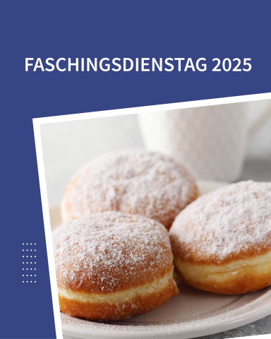 auf diesem Bild befinden sich 3 mit Zucker bestreute Krapfen; Text: Faschingsdienstag 2025