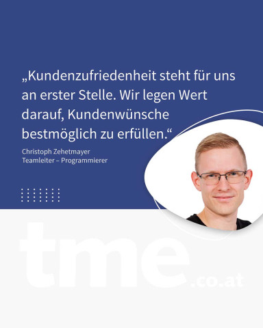 Rechts ist ein Foto von Christoph Zehetmayer. Er schaut freundlich in die Kamera. Auf dem Posting steht der Text: „Kundenzufriedenheit steht für uns an erster Stelle. Wir legen Wert darauf, Kundenwünsche bestmöglich zu erfüllen.“