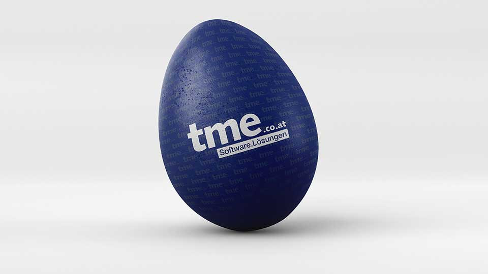 Auf dem Bild sieht man ein blaues Osterei mit dem tme-Logo.