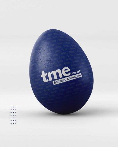 Auf dem Bild sieht man ein blaues Osterei mit dem tme-Logo.