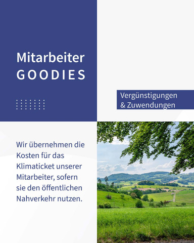 auf diesem Posting befindet sich folgender Text: Wir übernehmen die Kosten für das Klimaticket unserer Mitarbeiter, sofern sie den öffentlichen Nahverkehr nutzen. Auf dem Foto ist eine grüne Landschaft zu sehen.